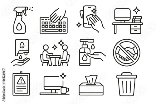 Workplace Cleanliness Icons Set. Outline icon set of workplace cleanliness: disinfectant spray, keyboard