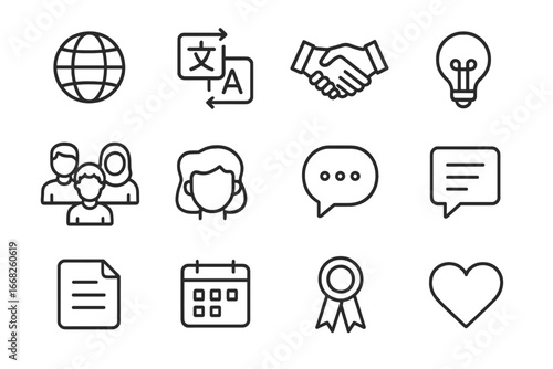 Workplace Icon Set. Outline icon set of workplace cultural awareness: globe, translation icon, handshake,
