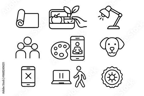 Work-Life Balance Icons. Outline icon set of work-life balance: yoga mat, lunch box, plant care, reading lamp,