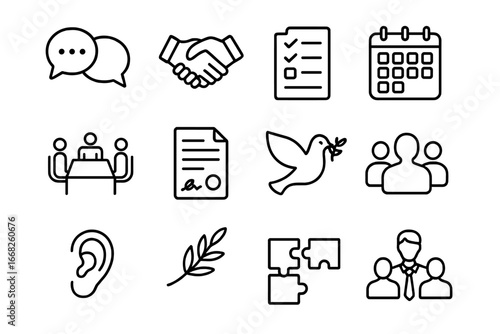 Workplace Communication Icons. Outline icon set of workplace communication skills: dialogue bubbles, handshake