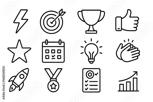Workplace Motivation Icons. Outline icon set of workplace motivation: lightning bolt, target, trophy, thumbs