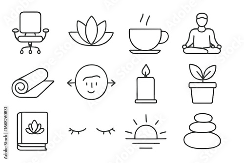 Workplace Mindfulness Icons. Outline icon set of workplace mindfulness: office chair, lotus flower, cup of tea