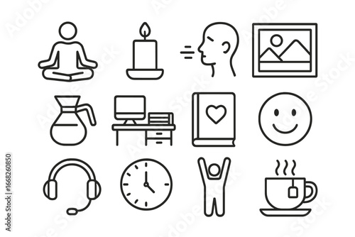Workplace Mindfulness Icons. Outline icon set of emotional balance at work: meditation pose, candle, mindful