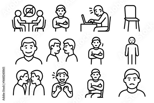 Workplace Tension Icons. Outline icon set of workplace tension indicators: silent meeting, arms folded, tense