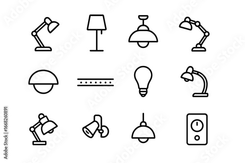 Workspace Lighting Icons. Outline icon set of workspace lighting design: desk lamp, floor lamp, ceiling light,