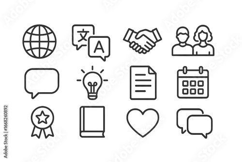 Workplace Icon Set. Outline icon set of workplace cultural awareness: globe, translation icon, handshake,