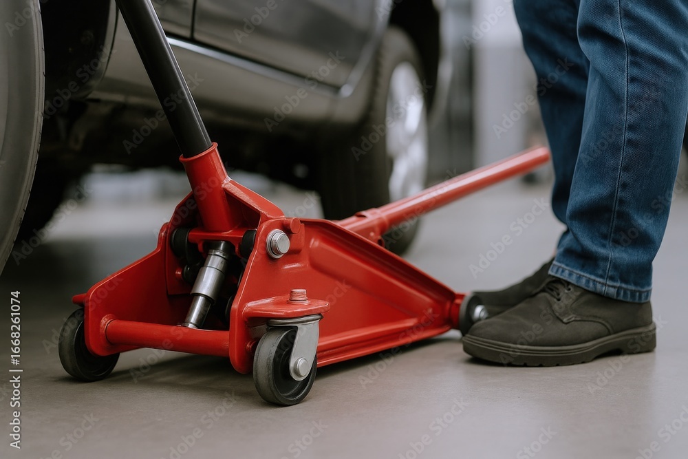Obraz premium Red Hydraulic Floor Jack Lifting Car for Tire Change in Automotive Repair Shop