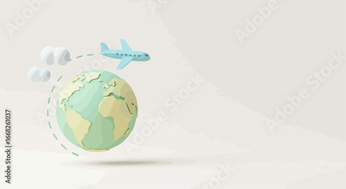 Flat vector illustration of airplane flying over globe, minimal clean design, simple shapes, pastel colors, travel and aviation concept, tourism, global business, education, flat cartoon style