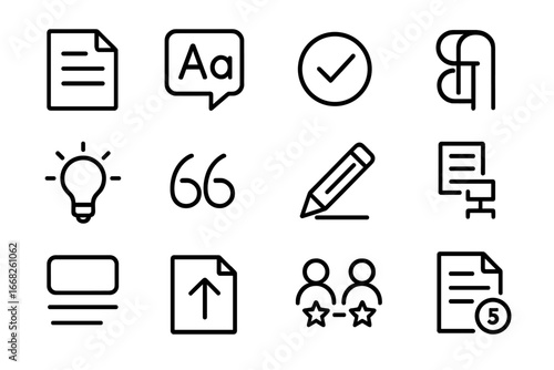 Writing Icon Set. Outline icon set of writing and essay help: document page, grammar icon, spelling check,
