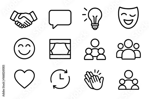Yes, And Icons. Outline icon set of “yes, and” principle: handshake, speech bubble, light bulb, actor mask,