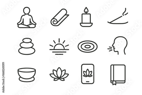 Yoga Icon Set. Outline icon set of yoga and meditation: lotus pose person, yoga mat, candle, incense stick,