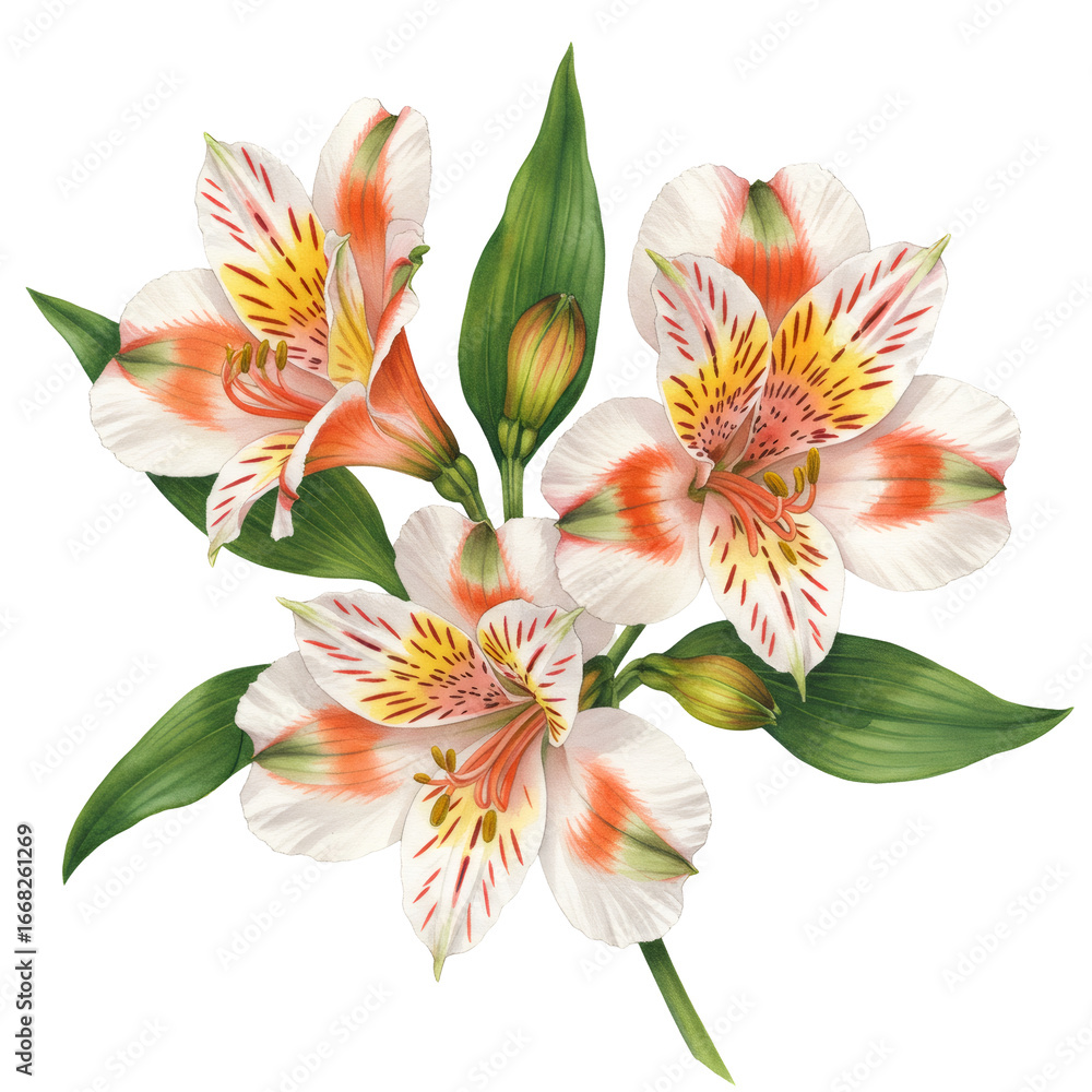 Fototapeta premium 白い花びらのオレンジと黄色の斑点を持つ花のイラスト 透明な背景に緑の葉を持つ花束