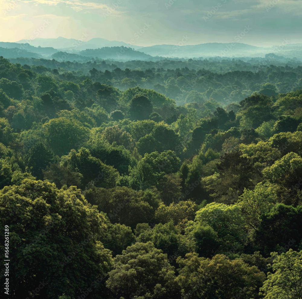 Fototapeta premium green forest in daylight seen from over the tree top