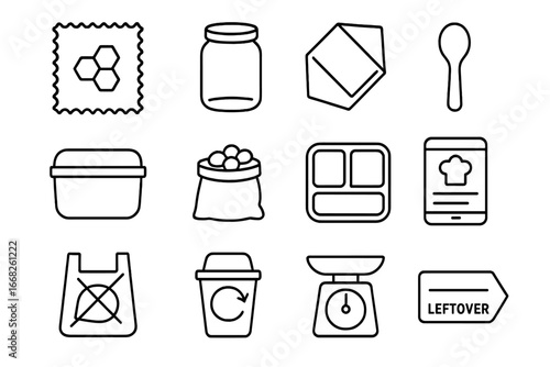 Zero Waste Kitchen Icons. Outline icon set of zero waste kitchen: beeswax wrap, glass jar, cloth napkin,