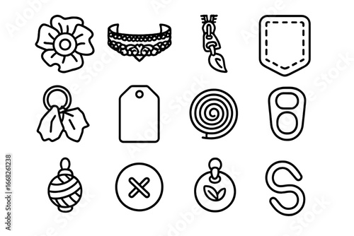 Zero-Waste Fashion Icons. Outline icon set of zero-waste fashion details: fabric scrap flower, leftover lace