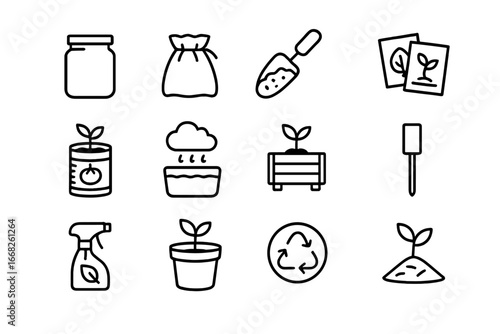 Zero-Waste Gardening Icons. Outline icon set of zero-waste gardening: glass jar, cloth bag, compost scoop,