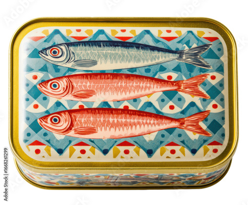 Decorative tin featuring colorful fish design for kitchen decor, cut out transparent 