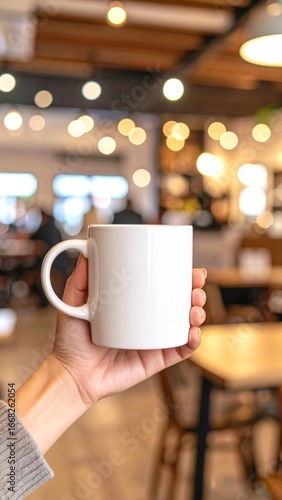 Plain ceramic mug mockup held in a bustling cafe