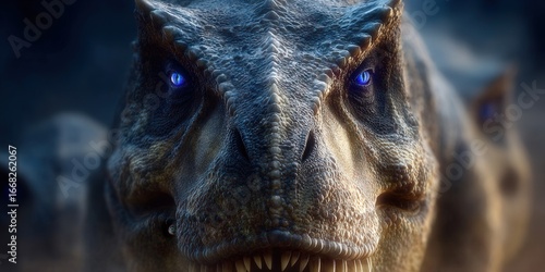 A menacing tyrannosaurus rex stares intensely with glowing blue eyes.