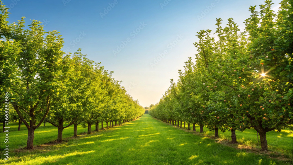 Naklejka premium Sunlit Orchard with Rows of Apple Trees and Green Grass Under a Blue Sky image photo