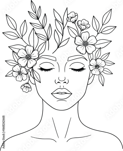 Serene woman with floral crown in minimalist line art style offering peaceful nature connection