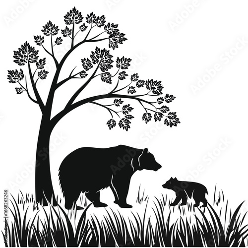 Bear with cub in grassy field silhouette