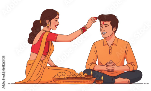Sister Applying Tilak or Tika on Brother Forehead During Bhai Dooj Festival after Diwali