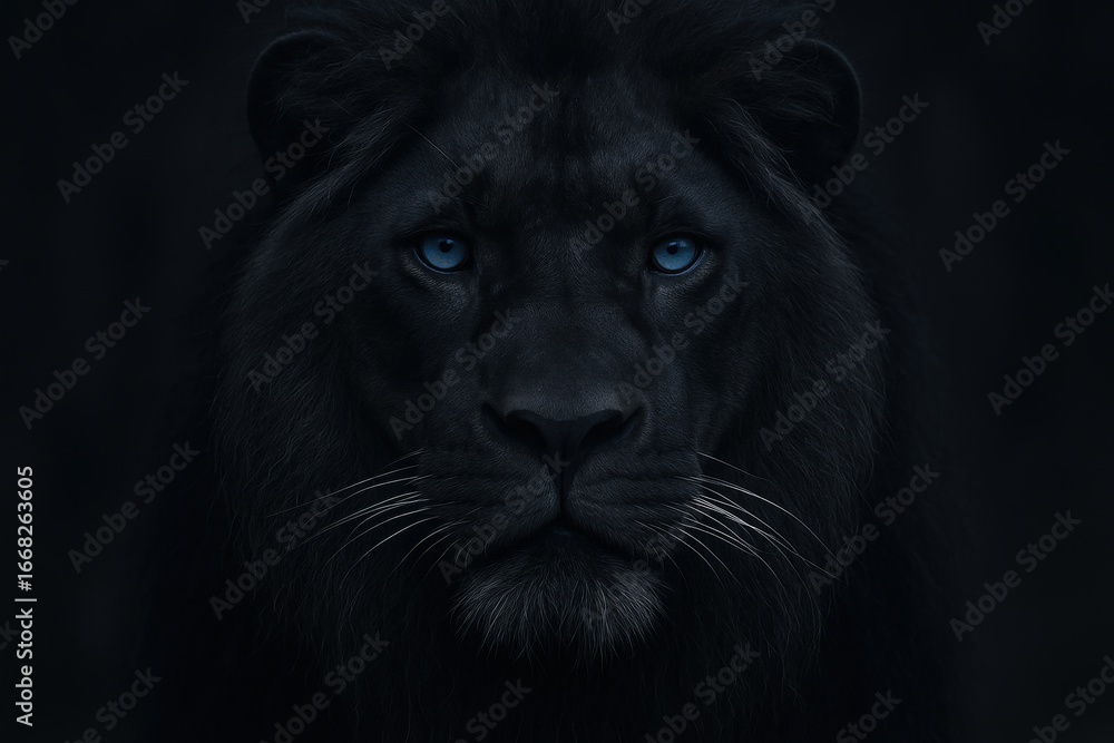Obraz premium Dramatic Portrait of a Majestic Black Lion with Piercing Blue Eyes, Set Against a Dark Background