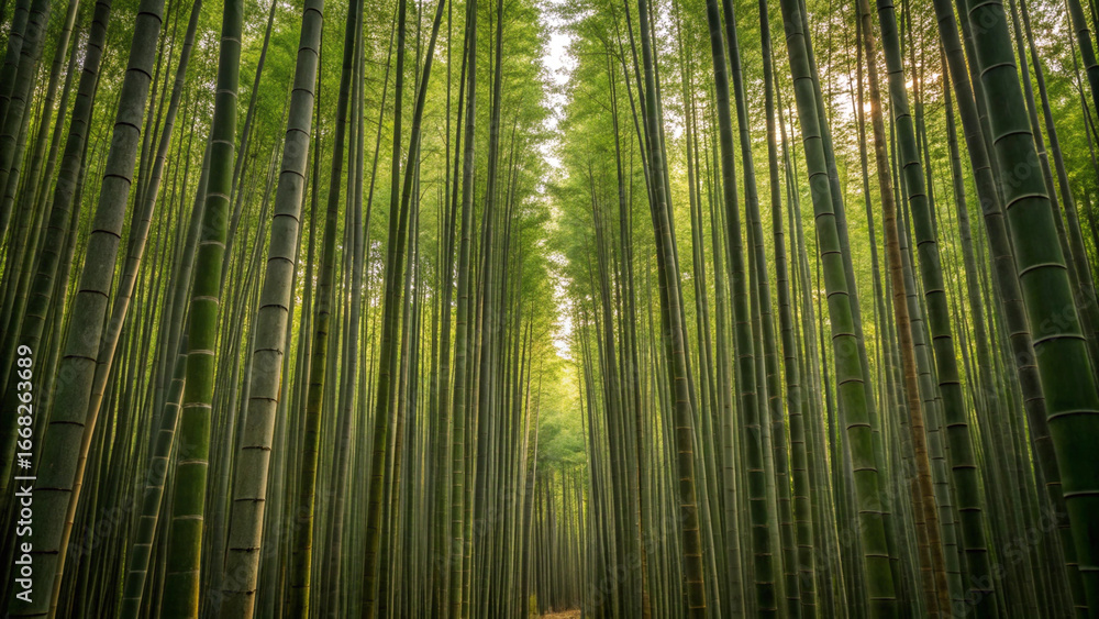 Fototapeta premium Tall green bamboo stalks forming a natural tunnel with sunlight filtering through the canopy