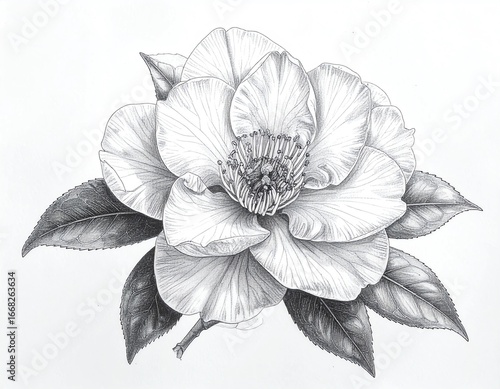 Intricate pencil sketch of a camellia blossom, showcasing detailed petals, leaves, and stamens.