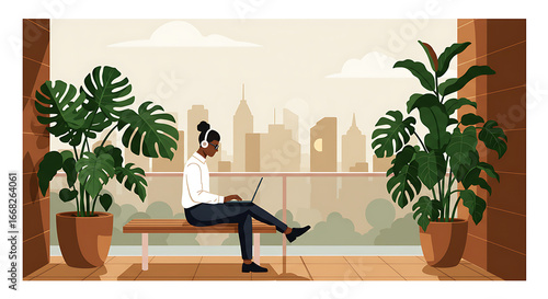 Remote Work Productivity: African American Woman on Laptop on Balcony with Urban Cityscape