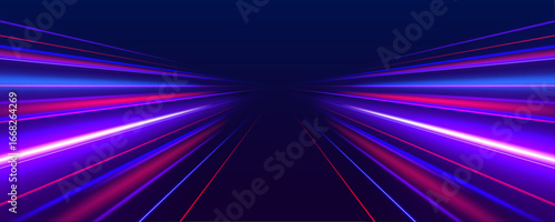 Panoramic neon vector design showcasing futuristic speed technology. Glowing lines move through a dark space, evoking digital progress. Perfect for a modern tech aesthetic.