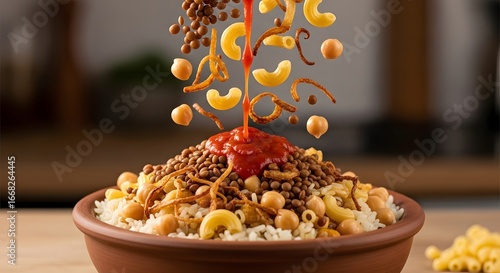 Dynamic Koshary dish with falling pasta, lentils, chickpeas, and tomato sauce in a rustic bowl, Egyptian cuisine