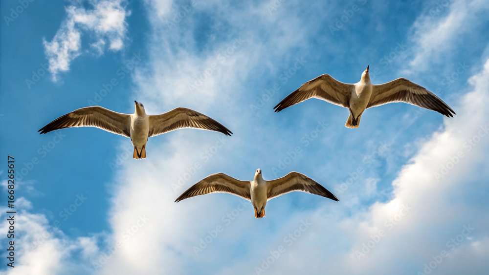 Fototapeta premium Three seagulls in flight against a bright blue sky with white clouds birds flying