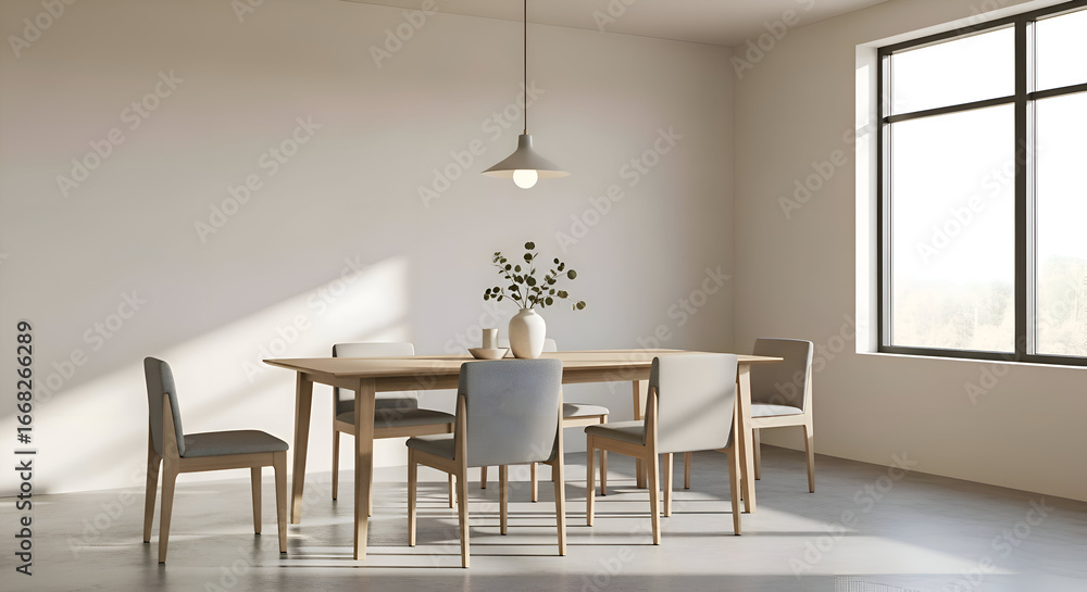 Fototapeta premium Minimalist Dining Room with Wooden Table and Modern Chairs