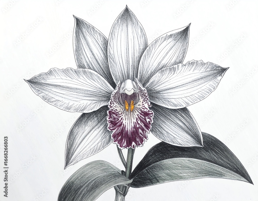 Obraz premium Detailed pencil sketch of a single, elegant white orchid with maroon-purple accents in its center.