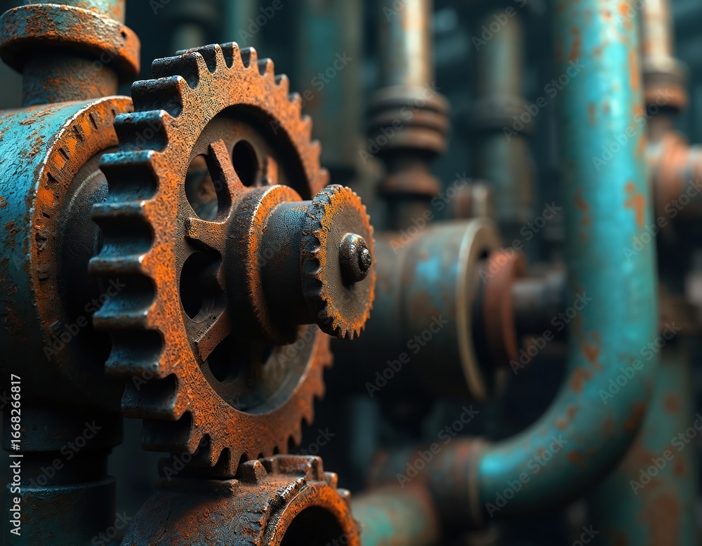 Close-up view of rusty metal gears, pipes in industrial setting. Intricate mechanical details showcase weathered, aged patina, corrosion. Robust machinery components suggest manufacturing, factory, Close-up view of rusty metal gears, pipes in industrial setting. Intricate mechanical details showcase weathered, aged patina, corrosion. Robust machinery components suggest manufacturing, factory,