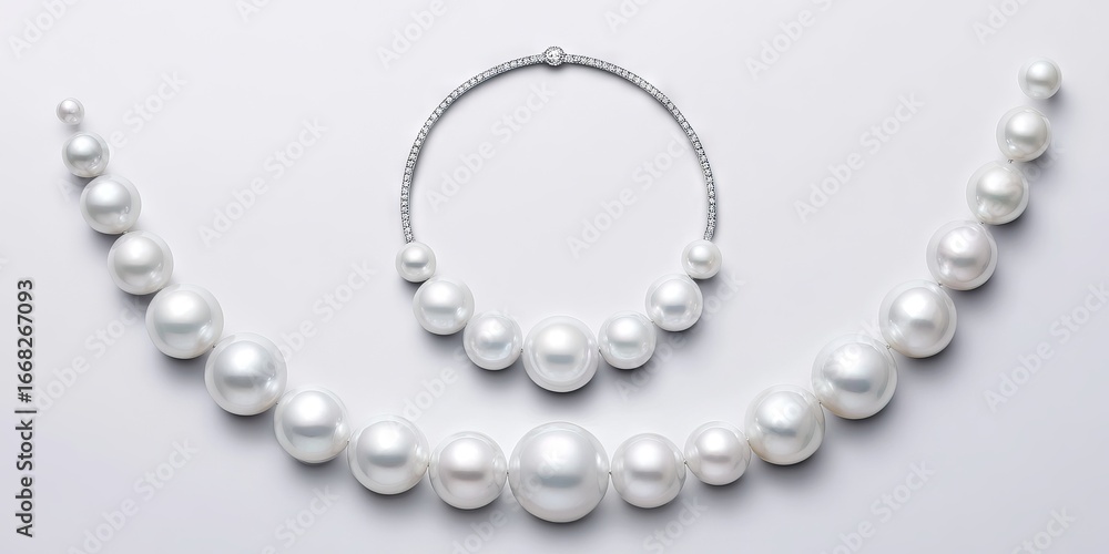 Obraz premium Elegant collection of white pearls arranged artistically with a diamond necklace, showcasing luxury jewelry design and craftsmanship in a minimalist setting