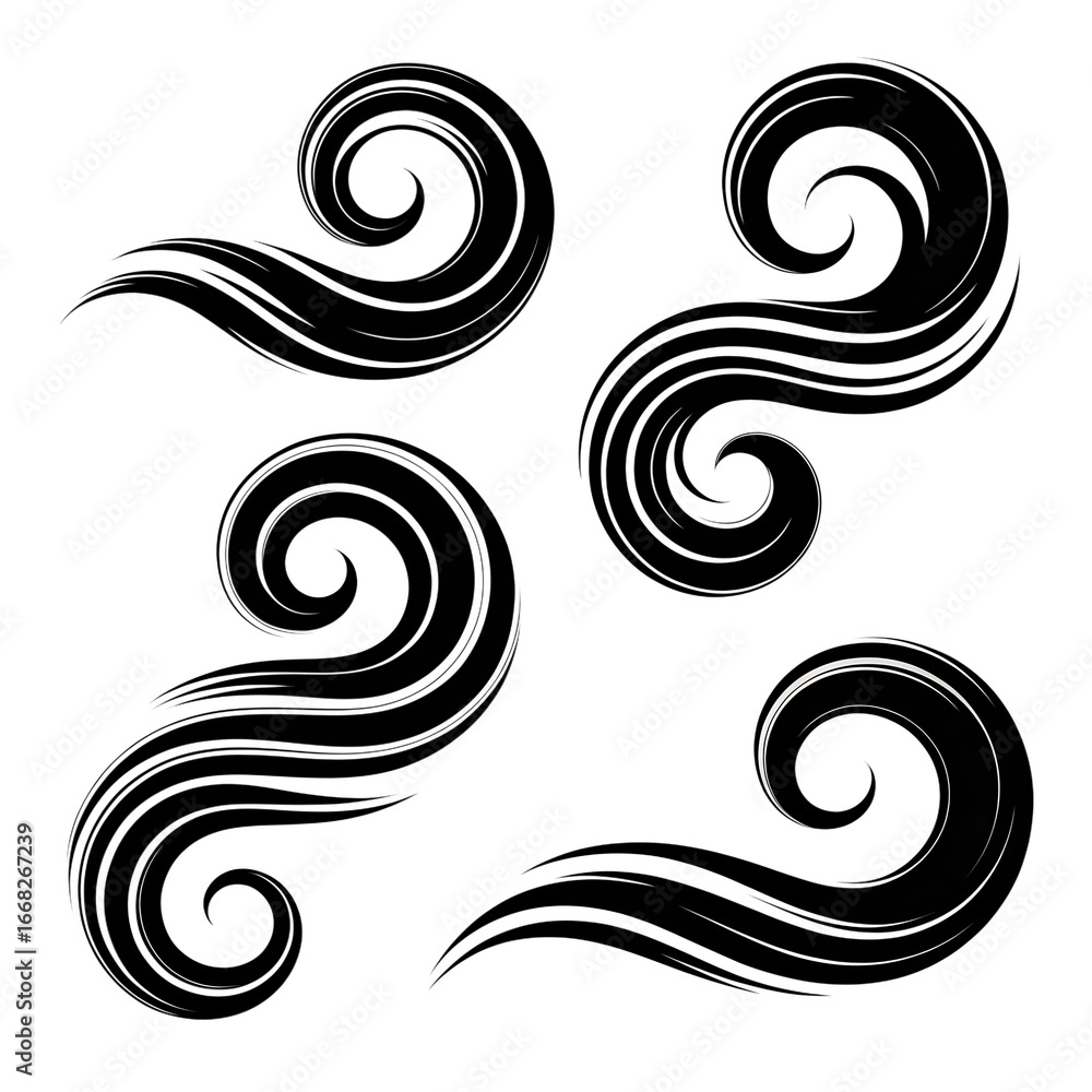 Fototapeta premium Abstract Swirling Line Art: Elegant, Monochrome Design Elements on Black Background.