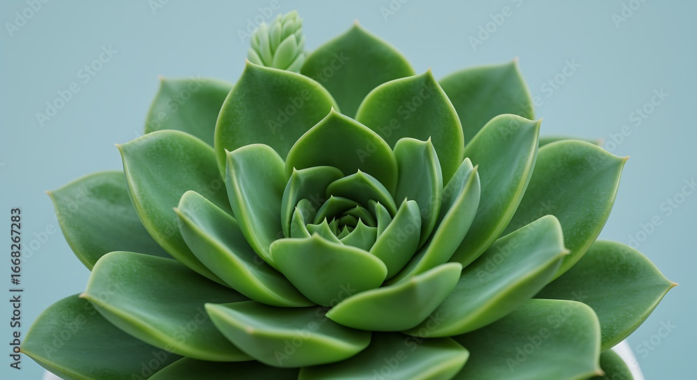 Fototapeta premium Close up of vibrant green Echeveria succulent with budding flower against a soft pastel blue background providing a calming and serene botanical scene for plant lovers