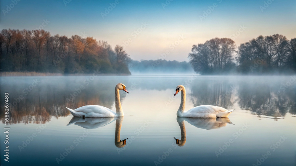 Fototapeta premium Two White Swans Facing Each Other on a Misty Lake at Sunrise with Autumn Trees water