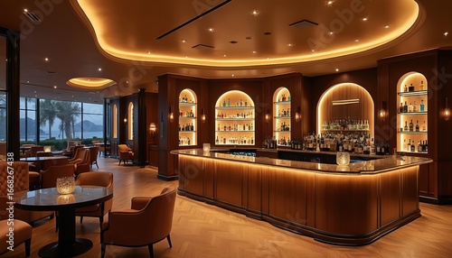 Elegant lounge bar interior with warm lighting, comfortable seating, extensive liquor shelves. Sleek design offers sophisticated atmosphere for social gatherings, relaxation, upscale hospitality