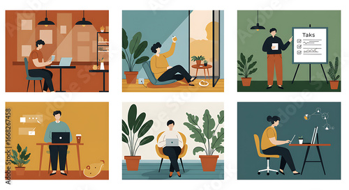 People Working Remotely and Embracing Flexible Lifestyle: Digital Productivity and Relaxed Home Office Scenes