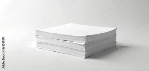 Three stacks of blank white paper provide clean, simple surface for design needs. Ideal for print, stationery, office documents, marketing materials. Use clean paper sheets for flyers, booklets,