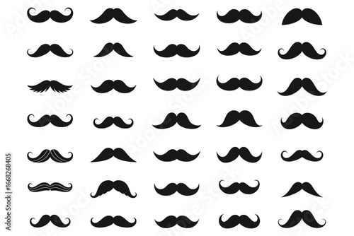 Thirty five black mustache silhouettes vector icons isolated on white background