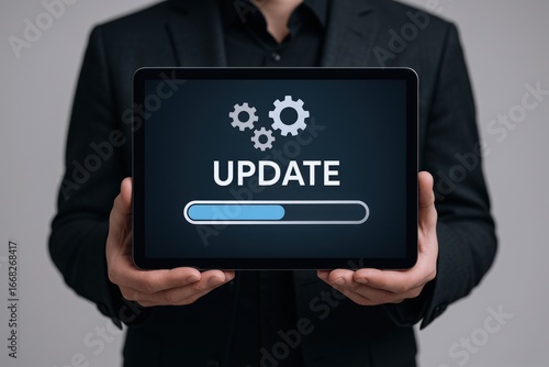 Wallpaper Mural Man Holding Tablet Displaying Software Update Progress Bar, System Upgrade and Maintenance Torontodigital.ca