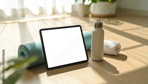 Tablet mockup with yoga mat and water bottle