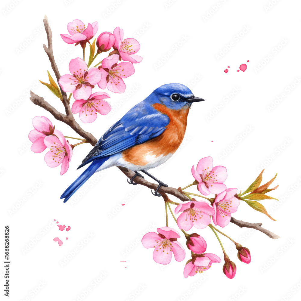 Fototapeta premium 青い鳥が桜の花咲く枝に止まり透明背景水彩画イラスト