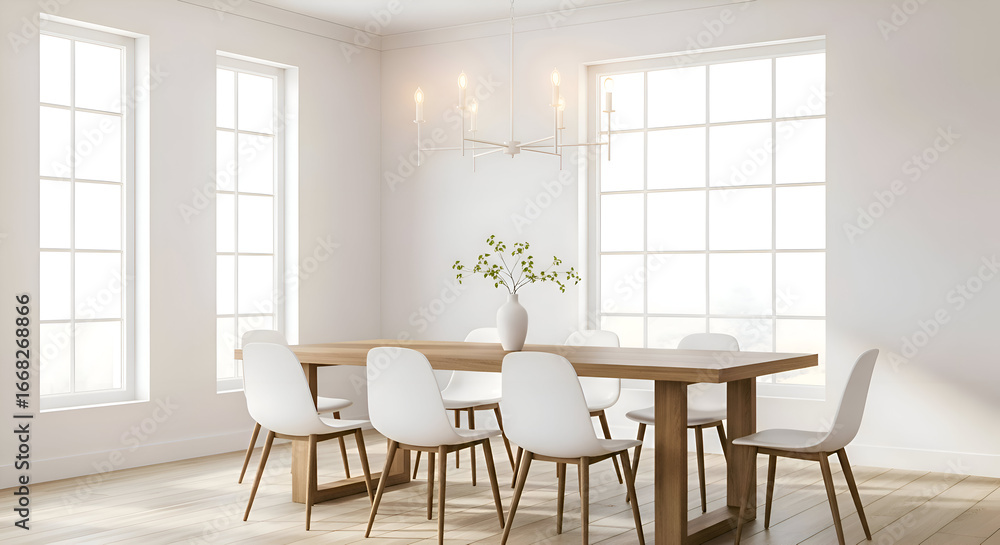 Fototapeta premium Bright Dining Room with Wooden Table and White Chairs