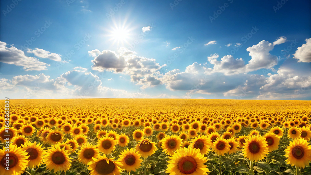 Fototapeta premium Vast sunflower field under a bright sun and blue sky with clouds sunflowers flowers
